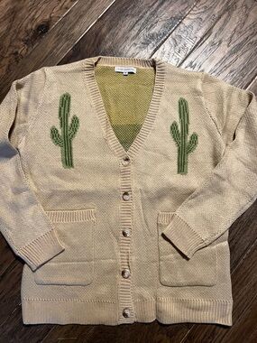 Miss Sparrow Beige V-Neck Cardigan with Green Cactus Motif